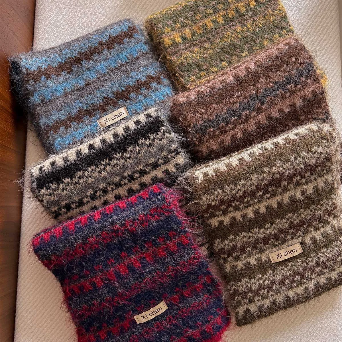 2026 Faux Cashmere Fair Isle Fuzzy Scarf Women Winter Warm Thick Long Soft Neck Warmer Korean Style Gift Elegant Daily Fashion