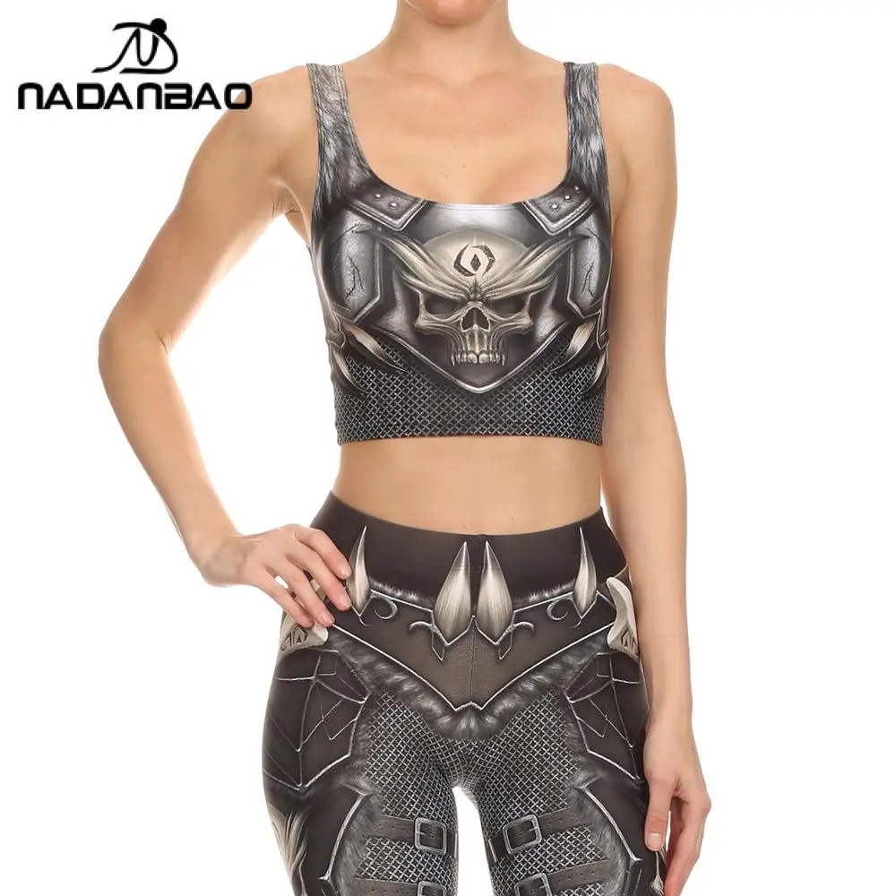 Nadanbao Punk Women's Leggings Set Skull Armor Printed Crop Top Summer Elastic Pants Two Piece Suit Fitness Workout Vest Tights