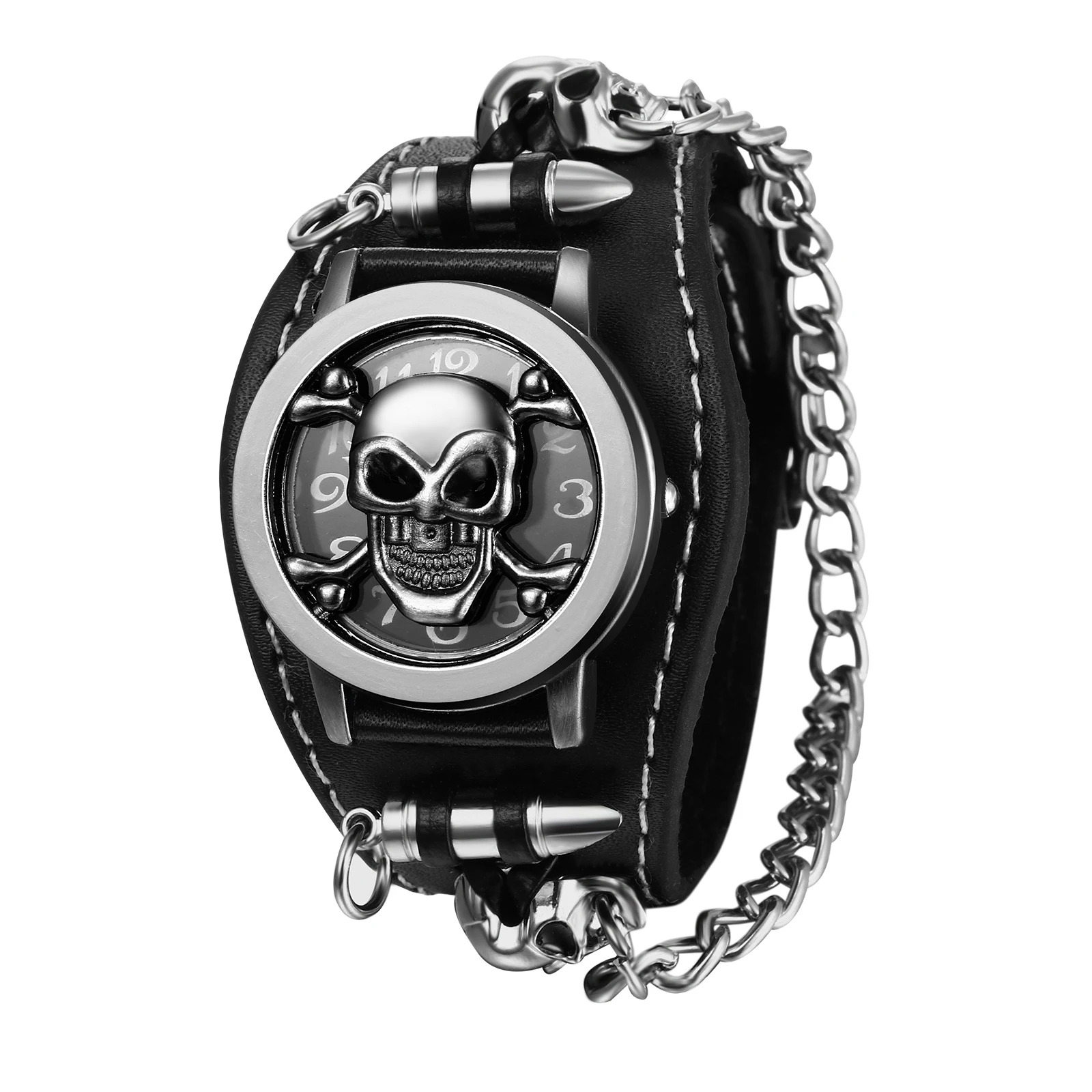 FLONGO Unisex Punk Skull Watch Cuban Link Chain Bracelet Gothic Halloween Fashion Analog Watch for Men Women