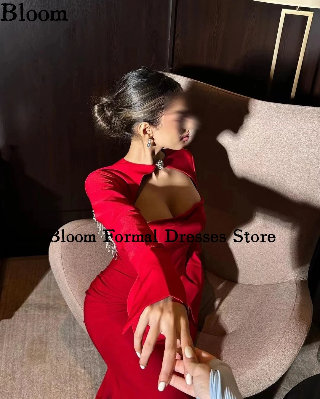 Bloom Red Cut-Out Evening Dresses Sexy Backless Shiny Tassels Long Sleeves Mermaid Party Dresses For Prom vestidos de festa