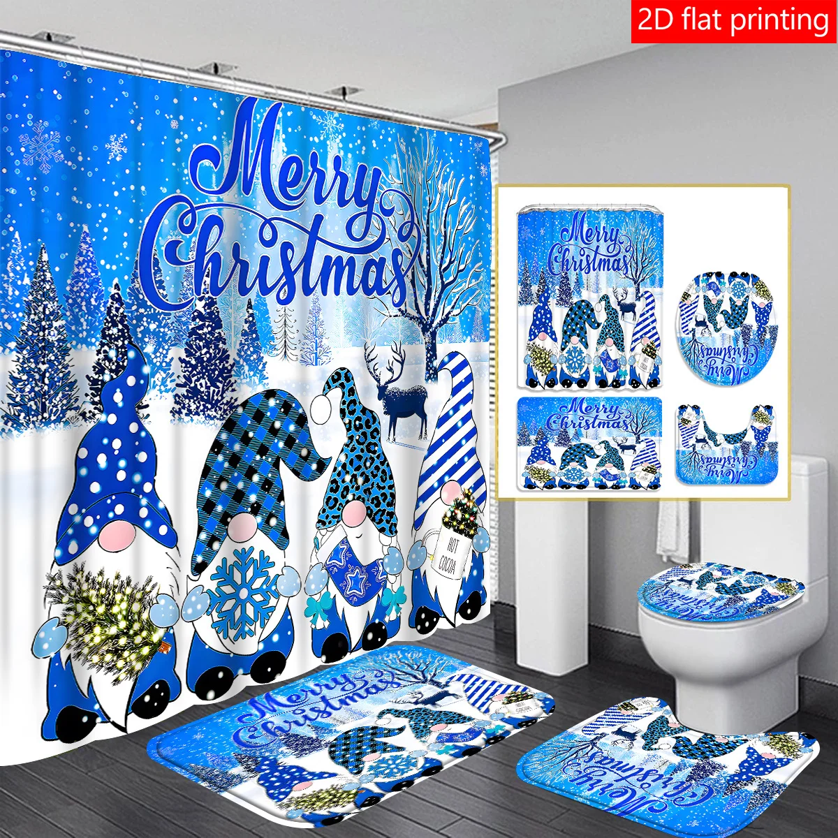 

1pc/4pc blue sky floor spirit Christmas shower curtain, shower curtain waterproof fabric bathroom decorative curtain with 12 hoo
