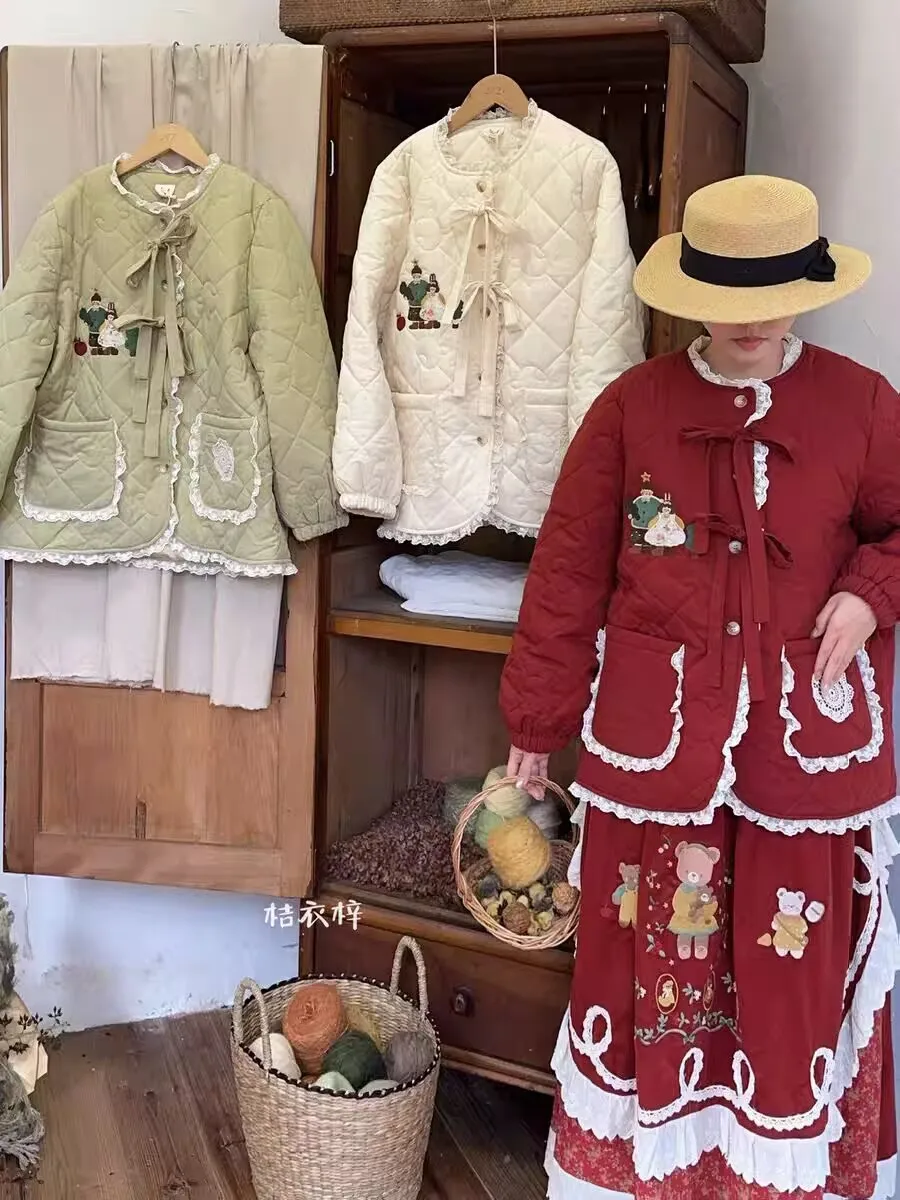 

Зимнее корейское модное милое кружевное пальто с поясом в стиле Харадзюку, женское пальто Mori Girl Kawaii, милое пальто в стиле Лолиты, парки