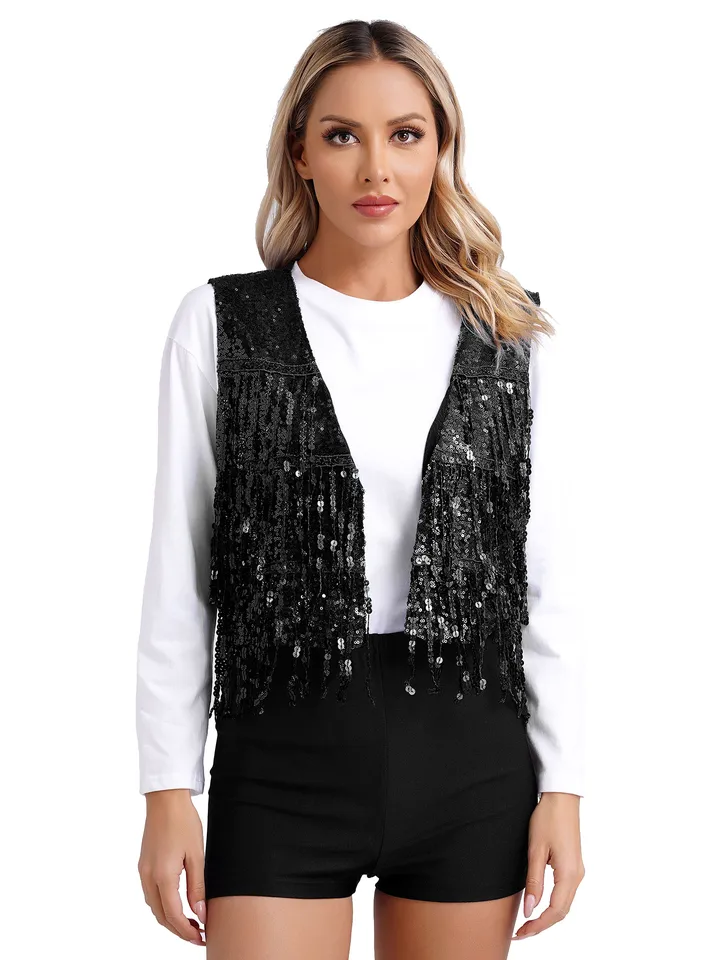 Damen Pailletten Weste Mit Fransen – Glitzer Tanzjacke Für Karneval, Party & Festivals