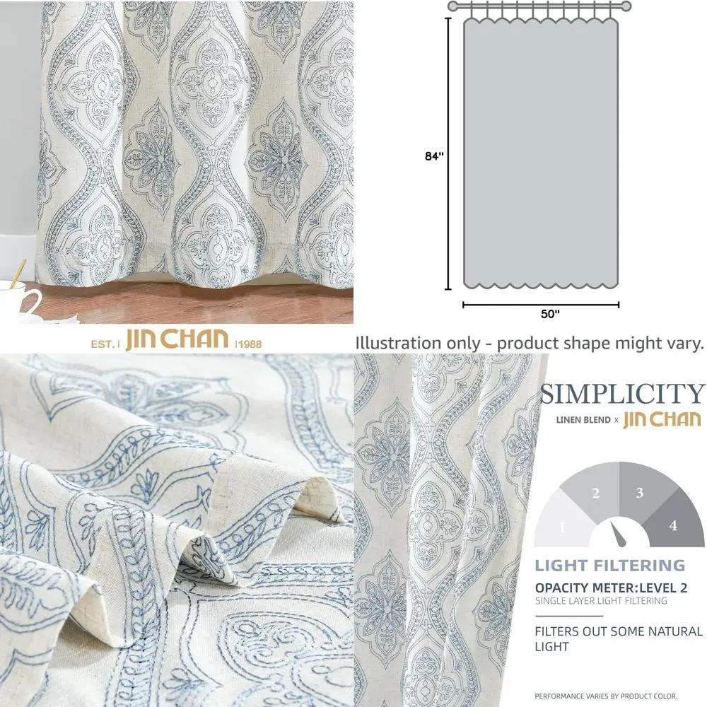 

Льняные льняные шторы с вышивкой, фильтрация света, 84 для гостиной и спальни, синий на экрю, верхняя часть люверса, комплект из 2 панелей