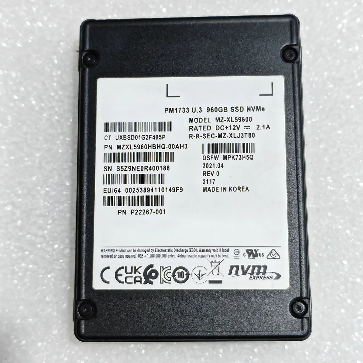 960GB U.3 NVMe SSD PM1733 MZXL5960HBHQ-00AH3 P22267-001 2.5 Inch Solid State Drive Enterprise Storage SSD Module
