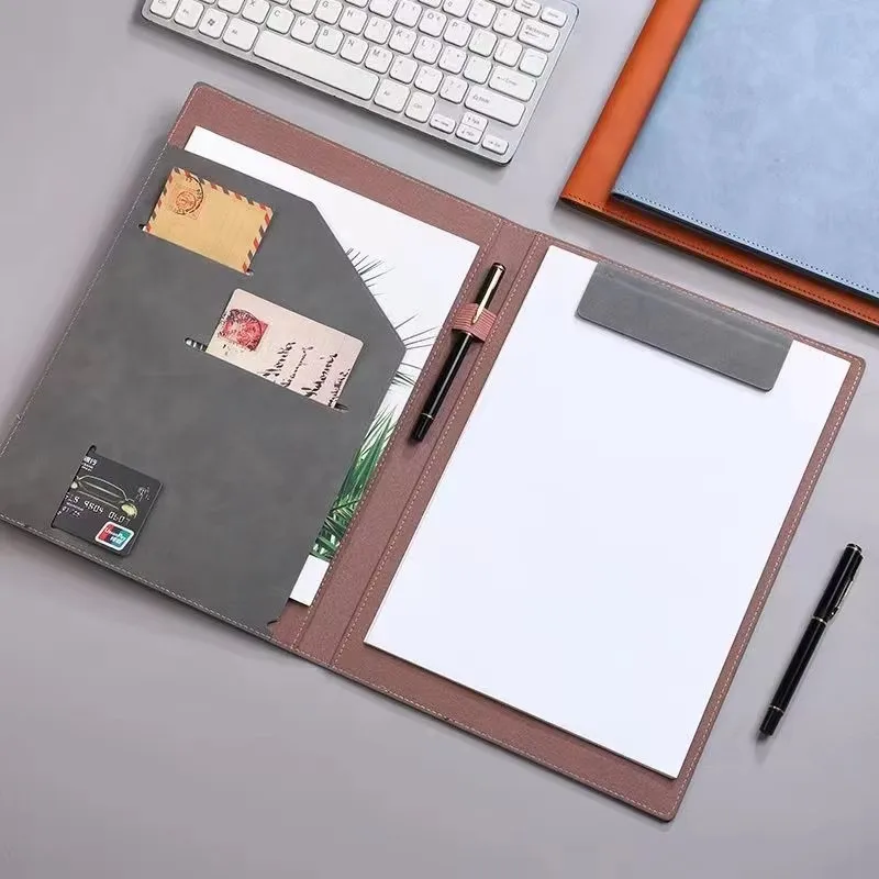 Leather A4 Magnetic File Folder - Document Clip & Writing Pad Included Portable Meeting Contract Folder Office