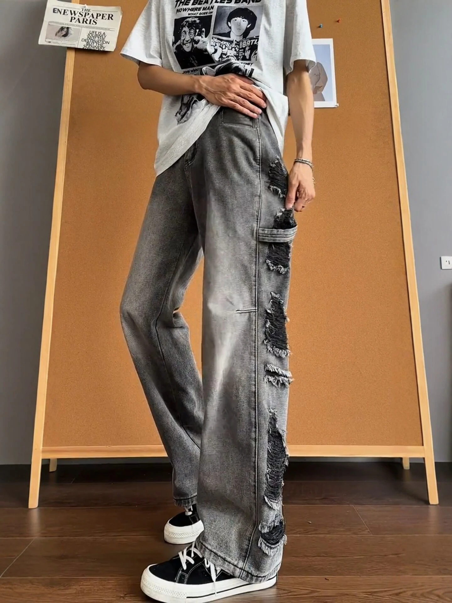 

American High Street Decomposed Hole Knife Jeans Men's Stylish Design Long Pants Breathable Straight Leg Micro Flared Pants