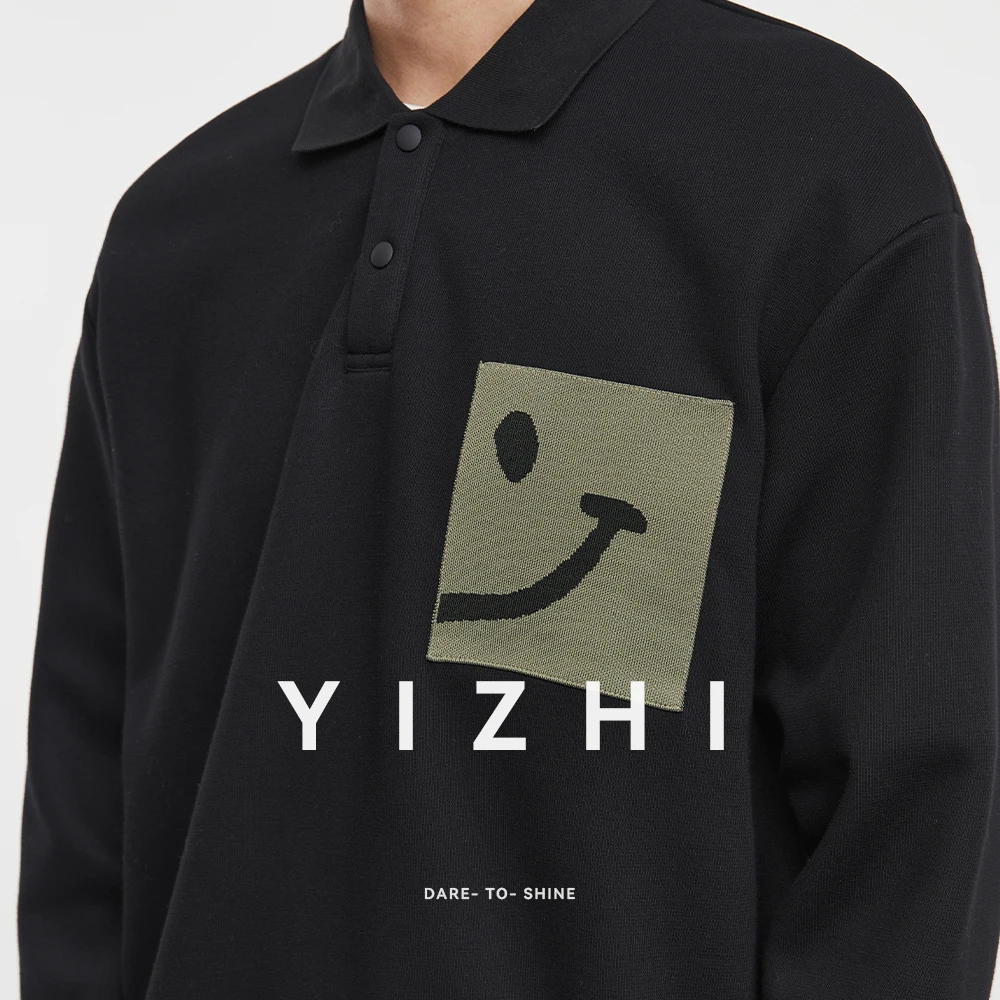 2025 Autumn New Men's Smiley Face Embroidered Lapel Polo Shirt Sweatshirt American Loose All-match Long Sleeve Top Men Pullover