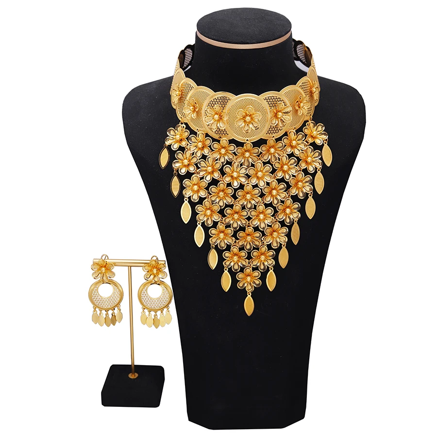 

2PCS/Set Dubai European and American Flower Earrings Necklace Set Middle Eastern Women's Jewelry Wedding Jewelry