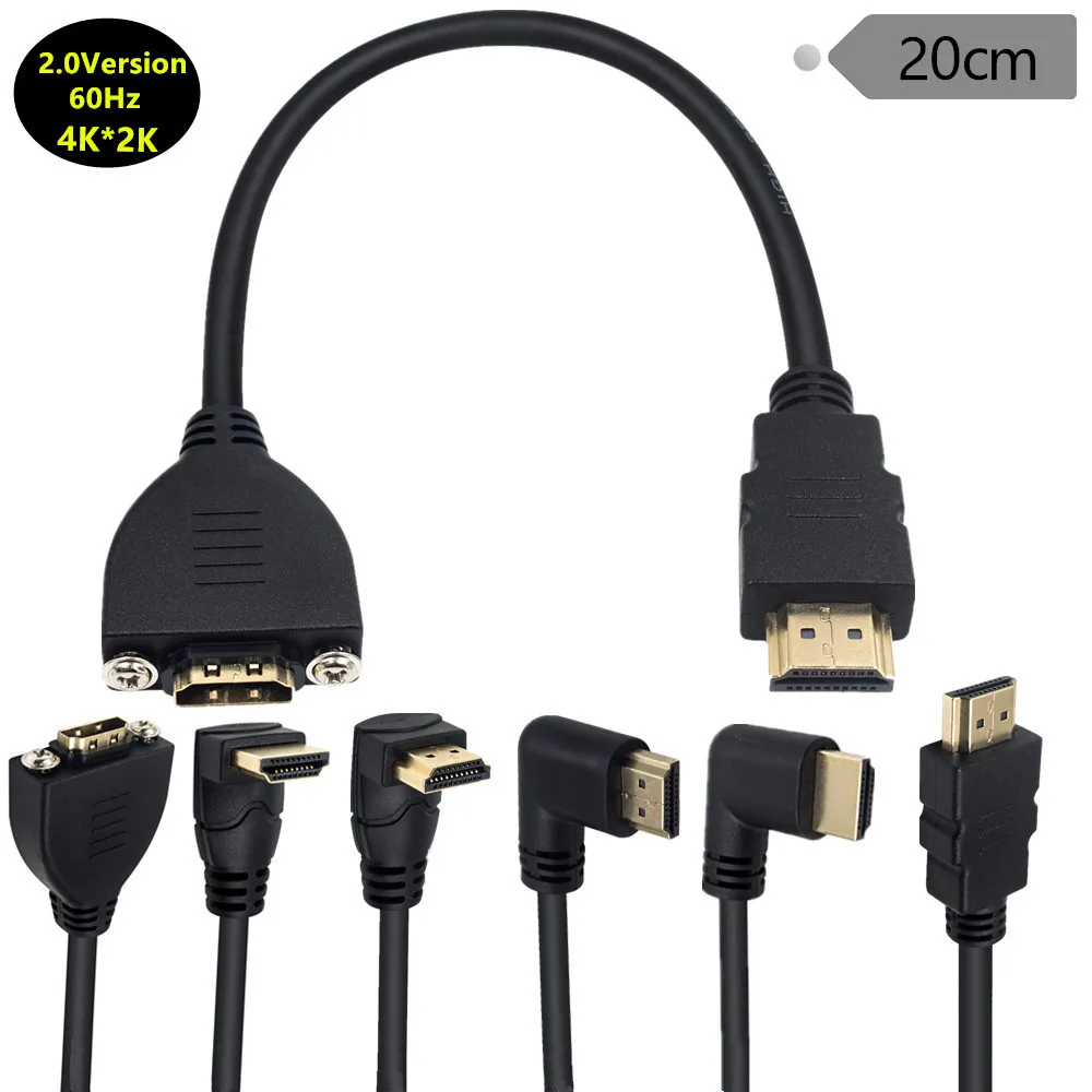 Up Down Left Right 90/270 Angle HDMI-compatible Male To Female Extension Cable With Screw Hole Panel Mount Support 4K 60hz 0.2m
