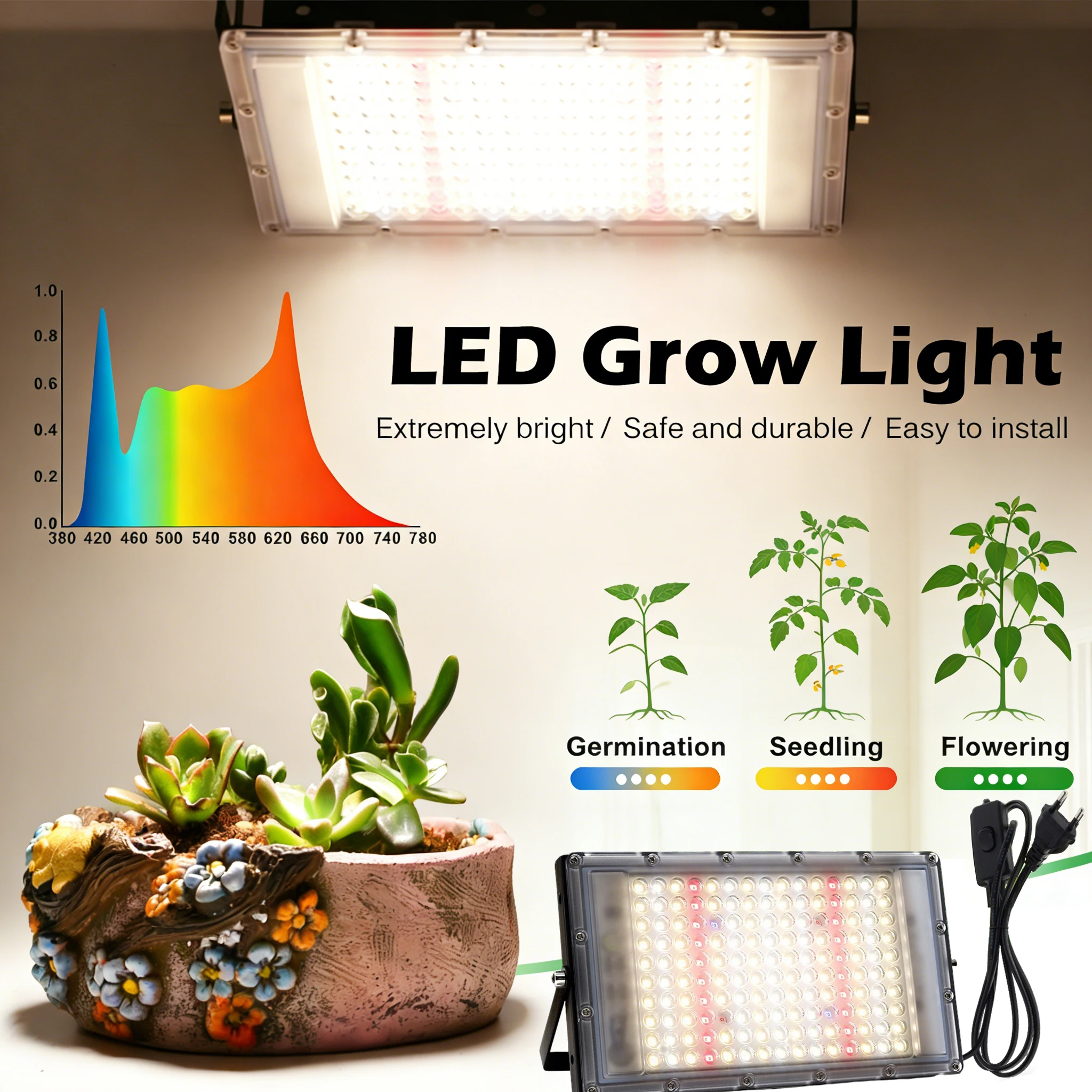 Full Spectrum 380-840nm Sunlight Growth Light IP65 LED 50W 100W 300W Plant Grow Light with EU US Plug for Indoor greenhouse