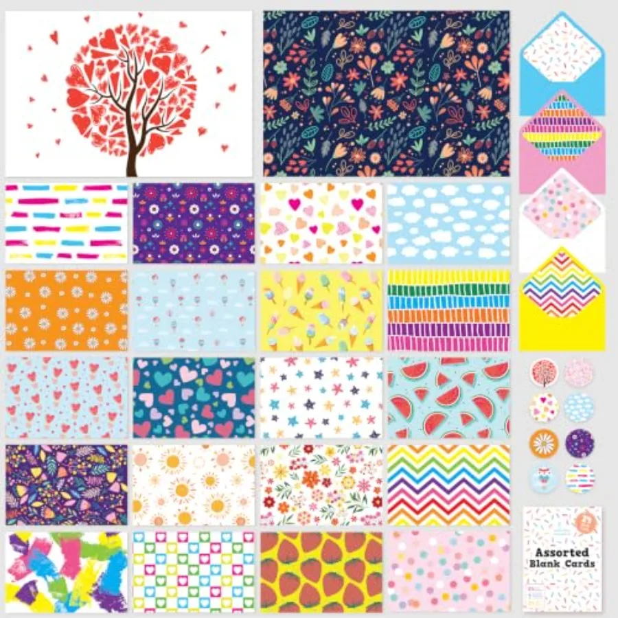24 Pack 6x4in Assorted Blank Cards with Envelopes and Stickers, 24 Unique Colorful Designs for and Adults, Friends and Loved On