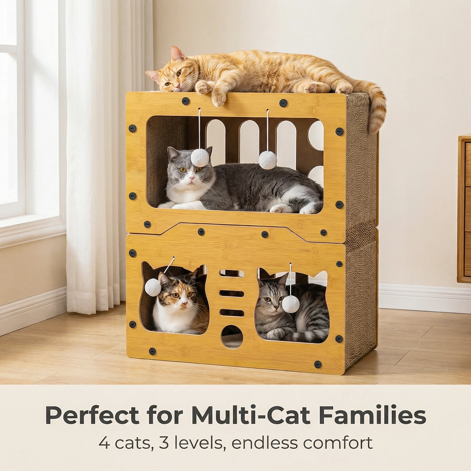 Großes Katzenhaus mit Kratzfläche, Katzen-Condo, Indoor-Katzen-Aktivitätszentrum zum Ausruhen und Spielen für Familien mit mehreren Katzen, aus Karton – Detail 6