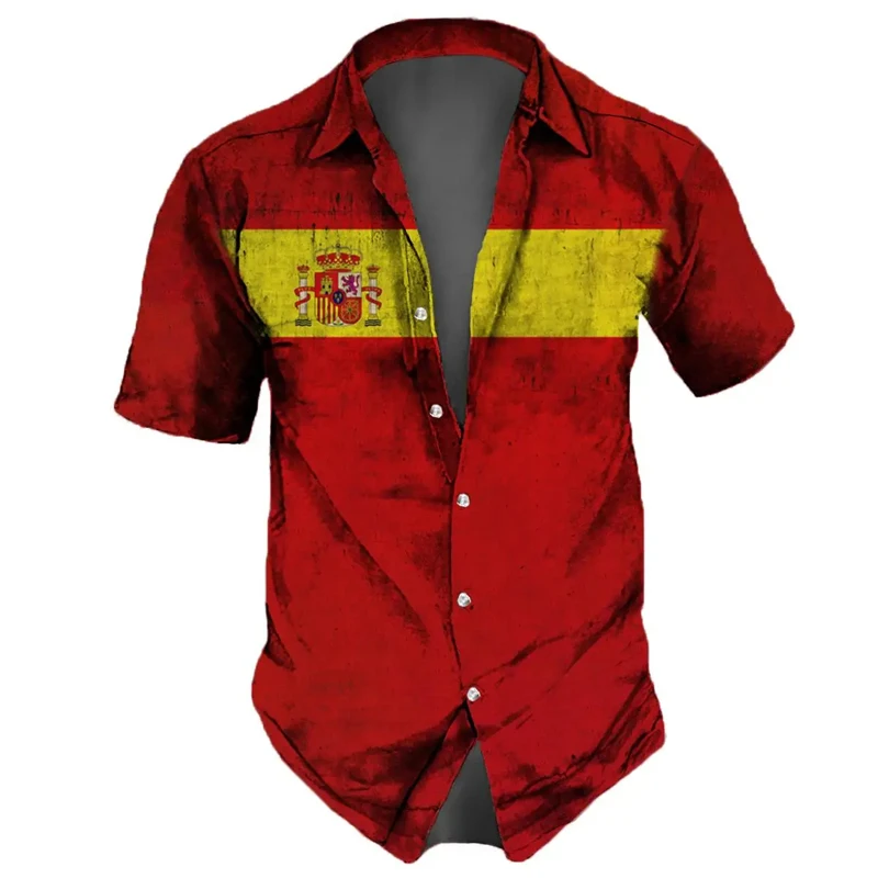 Camisas estampadas con emblema nacional de España para hombre, ropa deportiva con bandera española, Blusa de manga corta con solapa, Tops de verano