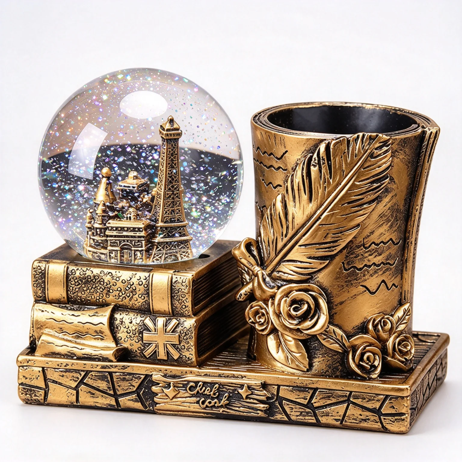 Resin Eiffel Tower Snow Globe Pen Holder Vintage Feather Rose Desktop Organizer Glitter Water Globe Desk Ornament Souvenir Gift