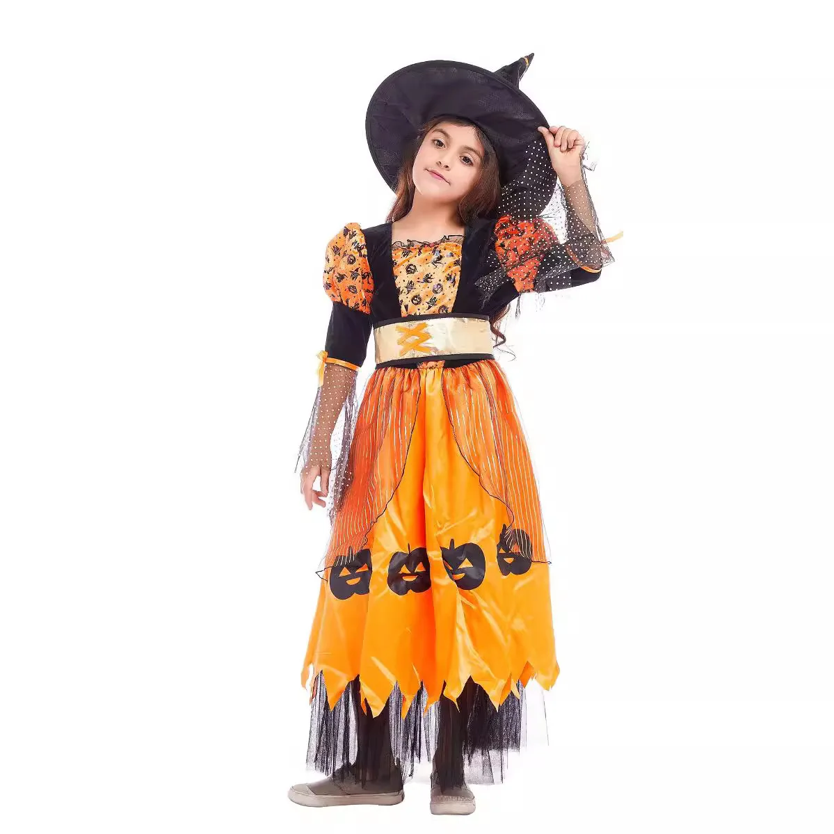 

Halloween Costume Kids Girl Witch Princess Cosplay Dress Orange Black Festival Party Outfit Stage Performance Wear 2025