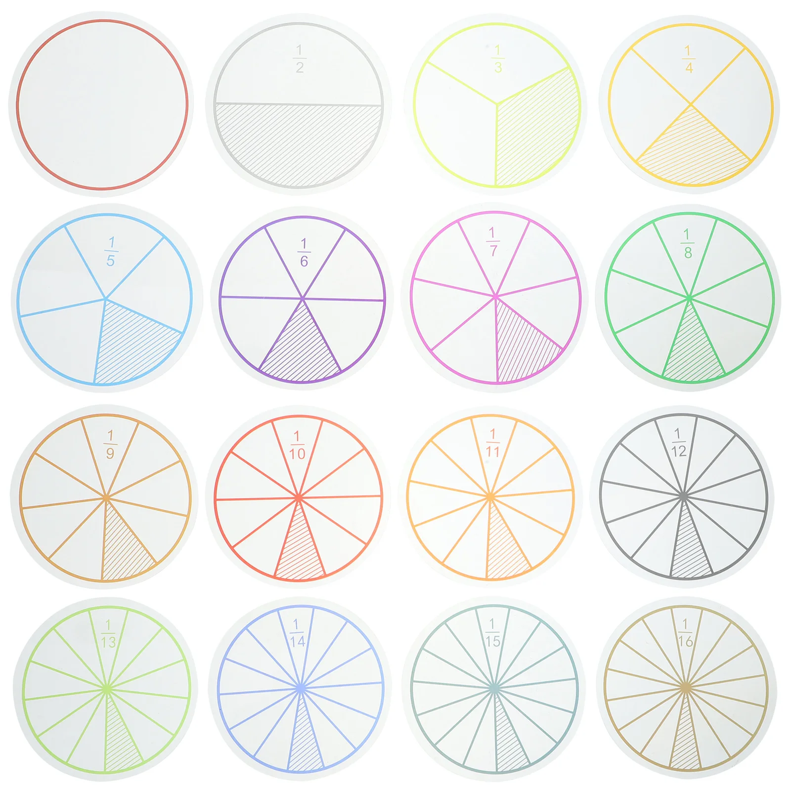 

16 Sheets Fraction Teaching Aids 10cm PVC Math Toy Kids Arithmetic Study Tools Smooth Edges Circles Colored Number