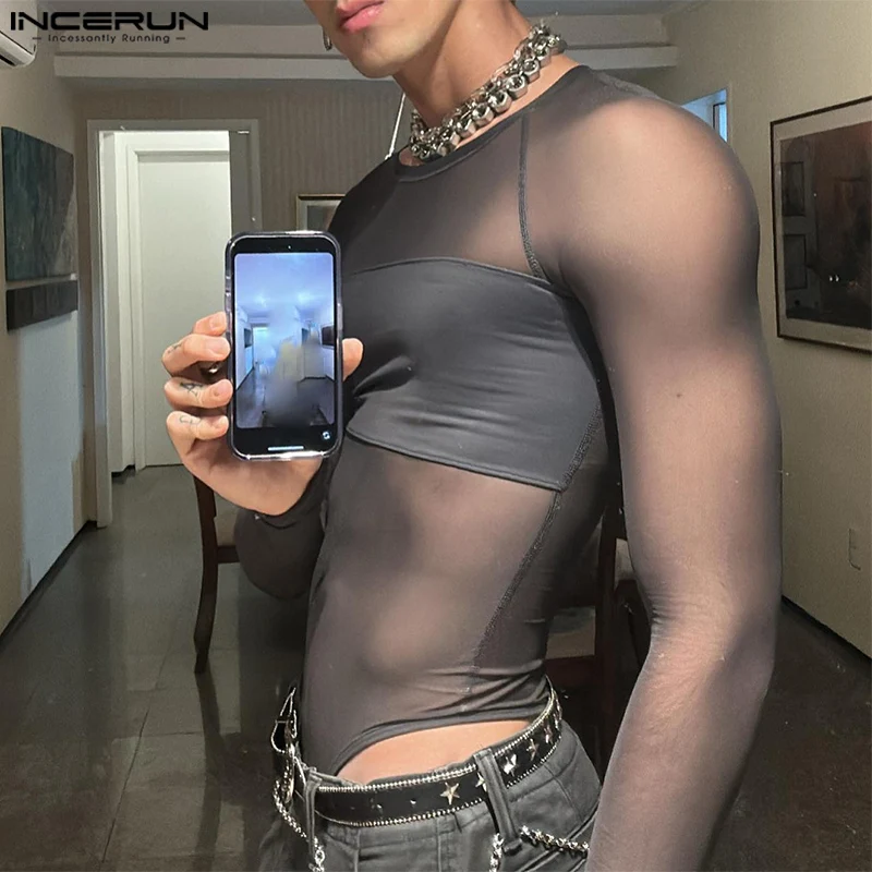 Men Bodysuits Mesh Patchwork O-neck Long Sleeve Sexy Rompers Male T Shirts Fitness Transparent 2023 Fashion Bodysuit INCERUN