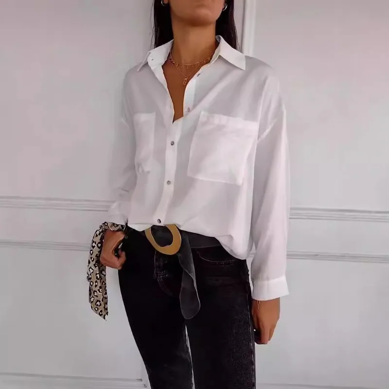 2025 new casual solid color simple temperament long sleeved pocket shirt women's top blouse