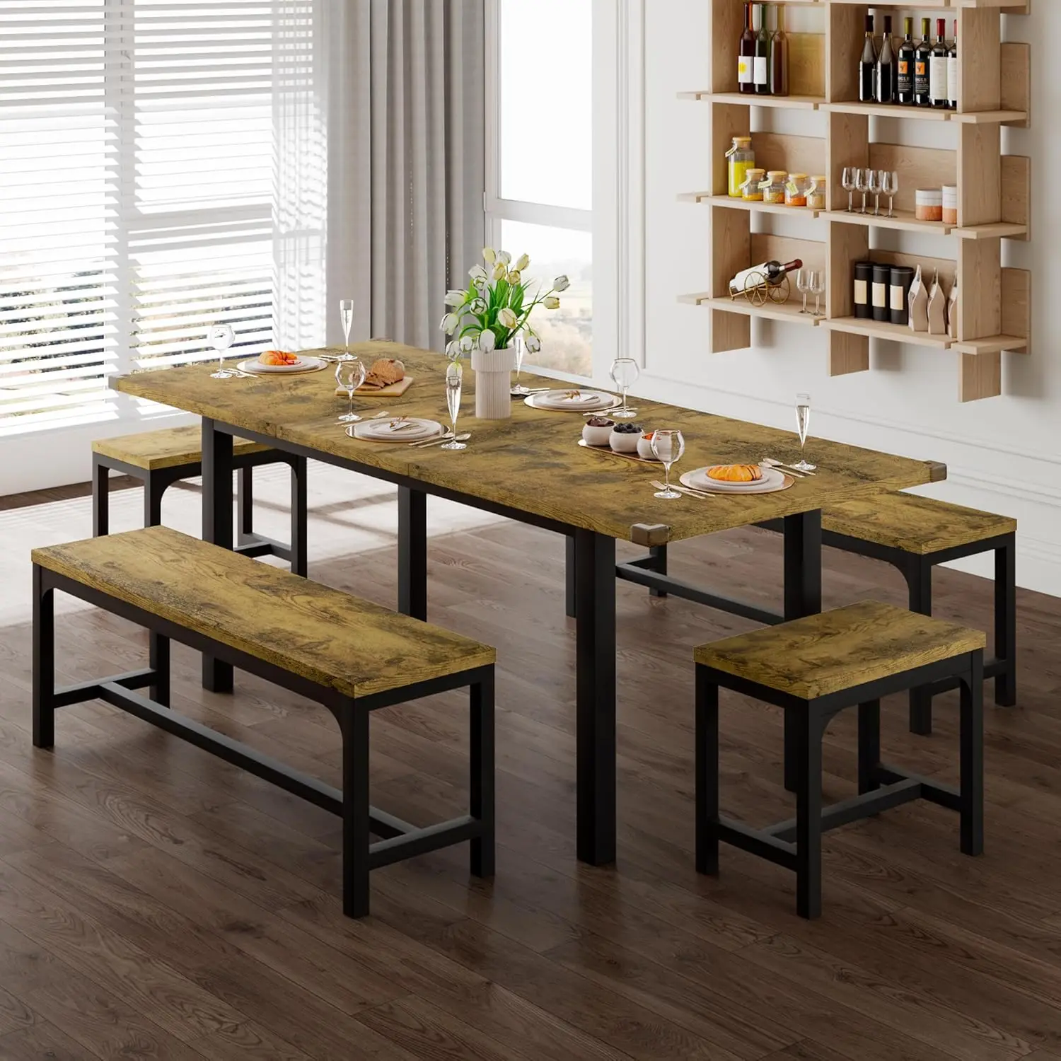 5-Piece Dining Table for 4-8 People, 63" Extendable Kitchen Table Set with 2 Benches & 2 Square Stools, Dining Room Table
