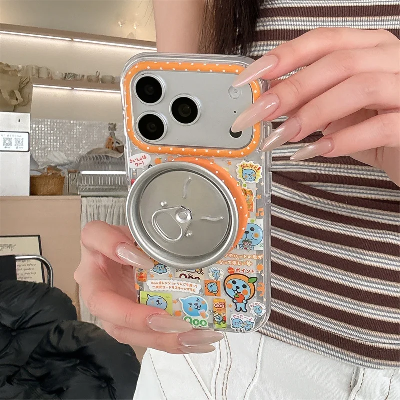 

Cute Cartoon Soda Can Stand Clear Phone Case For Apple iPhone 17 16 15 Pro Max For MagSafe Shockproof TPU Cover Orange Bumper