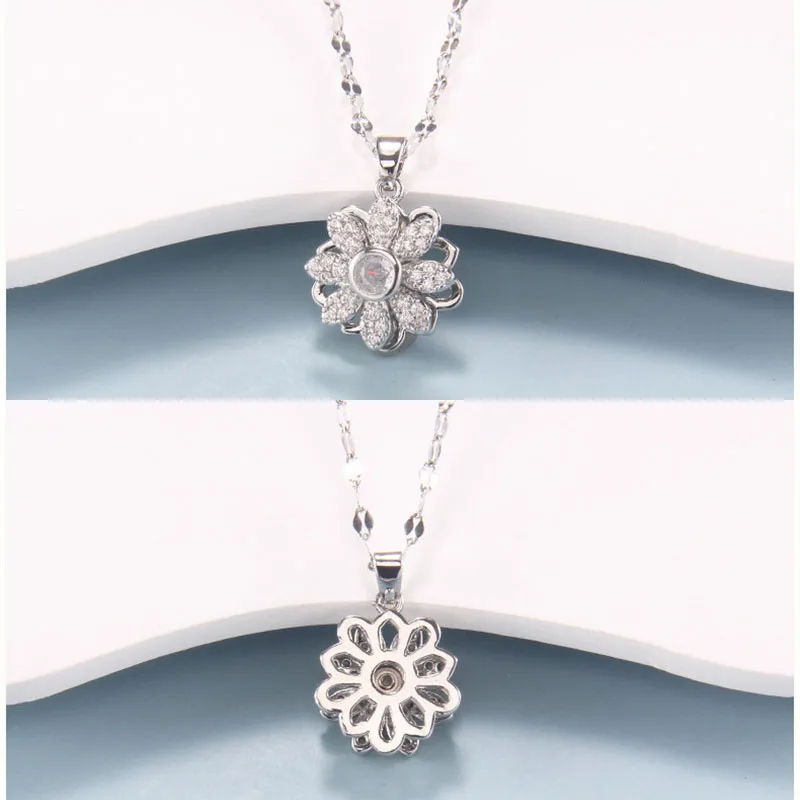 Light Luxury Zircon Flower Rotate Pendant Necklace Stainless Steel Silver Color Choker Jewelry Party Gifts For Women Girls