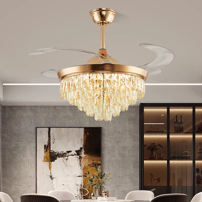 Luxury Crystal Ceiling Fan for Living Room Bedroom 42 Inch 4 Transparent Blades Gold Ceiling Fan with Light and Remote Control
