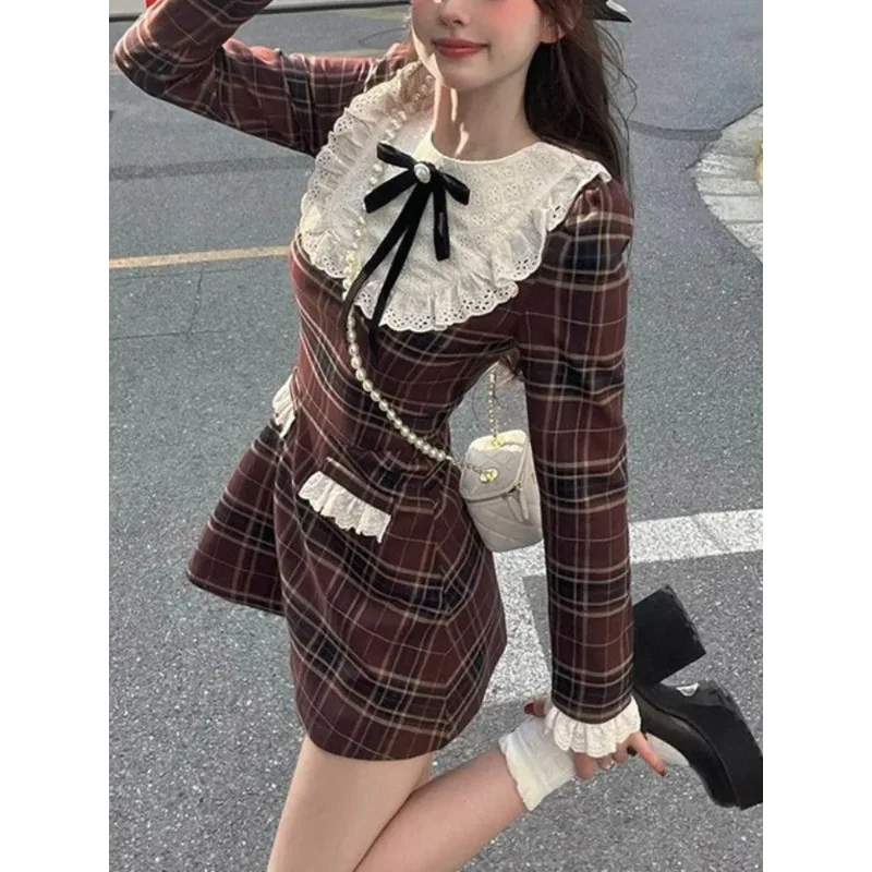 

2024 Korean Preppy Style Mini Plaid Dress Women Vintage One Piece Dresses Y2k Jk Uniform Long Sleeve Tunic Princess Vestidos