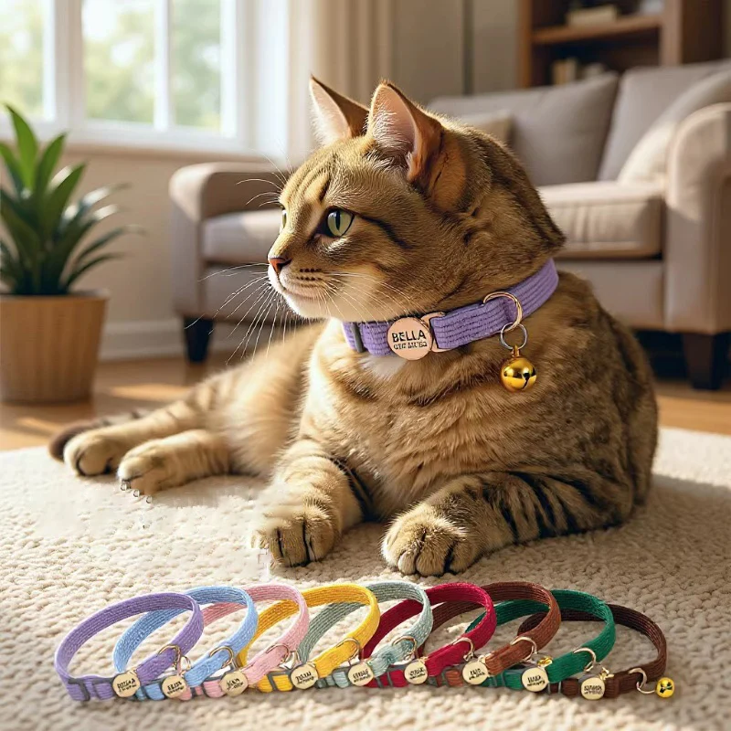 

Adjustable Custom Engraved Cat Collar with Bell Anti-lost Durable Comfortable Soft Corduroy Kitten ID Collar Pet Safety Necklace