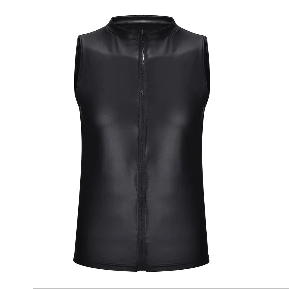 Men Sexy PU Faux Leather Sleeveless Zip T-Shirt Tops Party Club Bar Stage Performance Costume Tee T Shirts