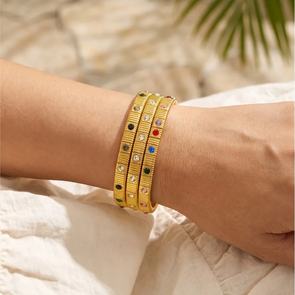 316L Stainless Steel Bracelet Stripe Square Beaded Link Bracelet 18K Gold Plated With Colored Cubic Zirconia Bracelets for Women