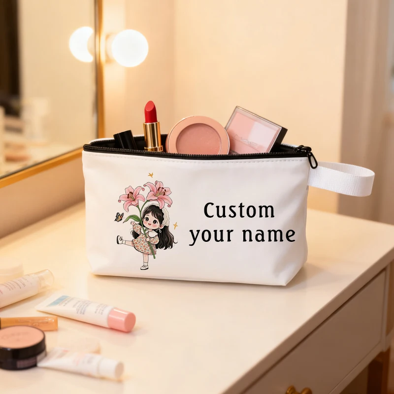 

Custom Name Cosmetic Pouch Women's Bag Organizers Cute Sweet Ggirl Pattern Travel Toiletry Bag Durable Pencil Cases Canvas Bag