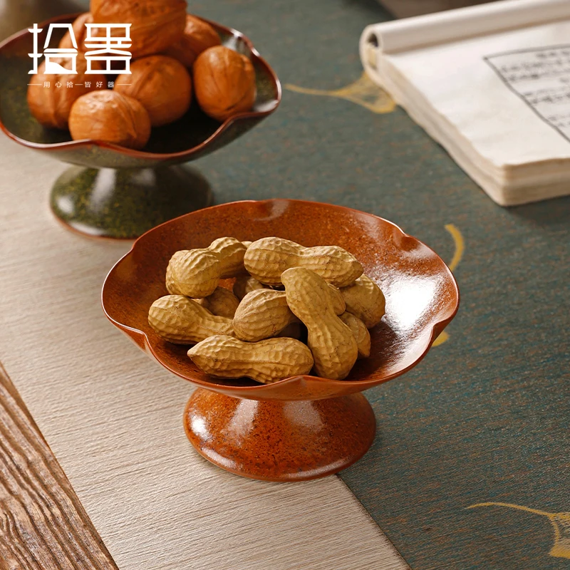 Chinese high tea tray Japanese retro coarse pottery fruit tray Ceramic tray dessert bowl dried fruit bowl Zen small dish