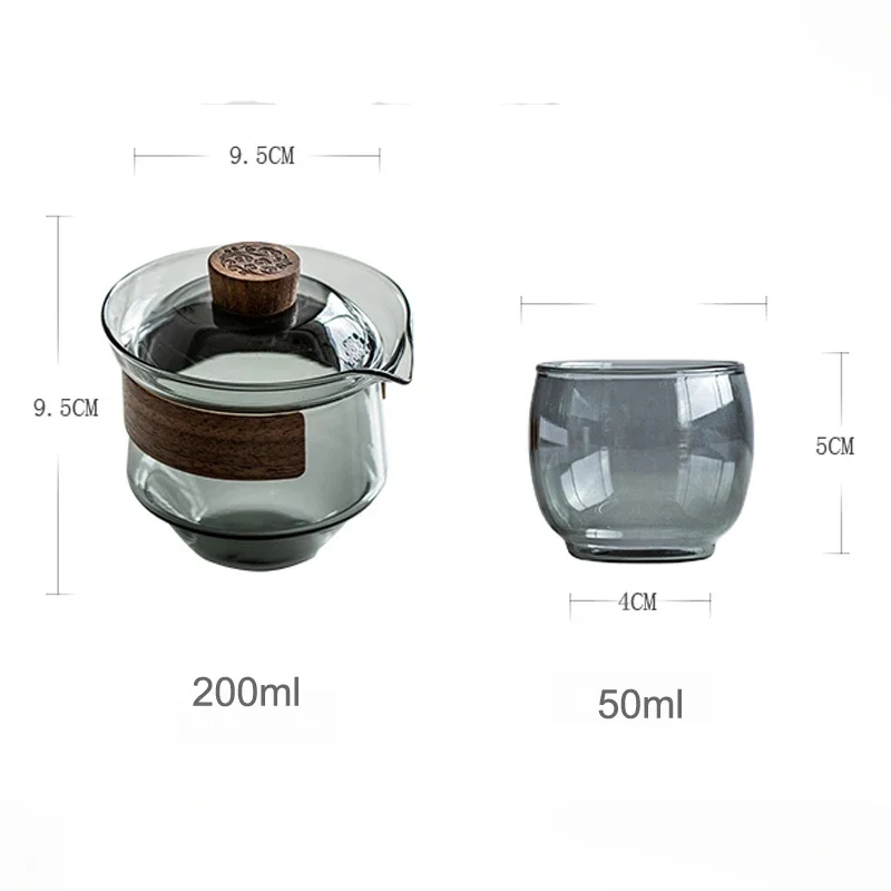 New High Boron Silicon Glass Gaiwan Cup Cover Wooden Heat Insulation Chinese Tea Bowl Tureen Travel Teaware Sets 200ML