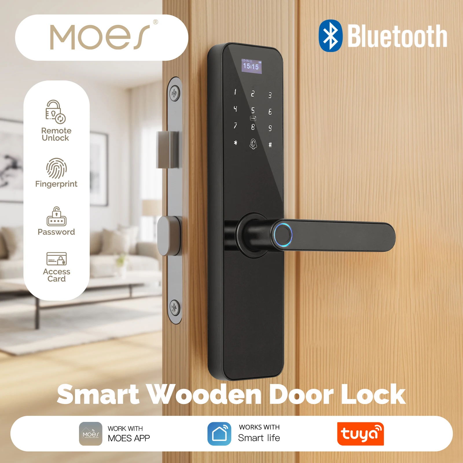 MOES Bluetooth Smart Wooden Door Lock Indoor Password Fingerprint Remote Unlock Keycard With Screen Tamper Alarm Battery Powered