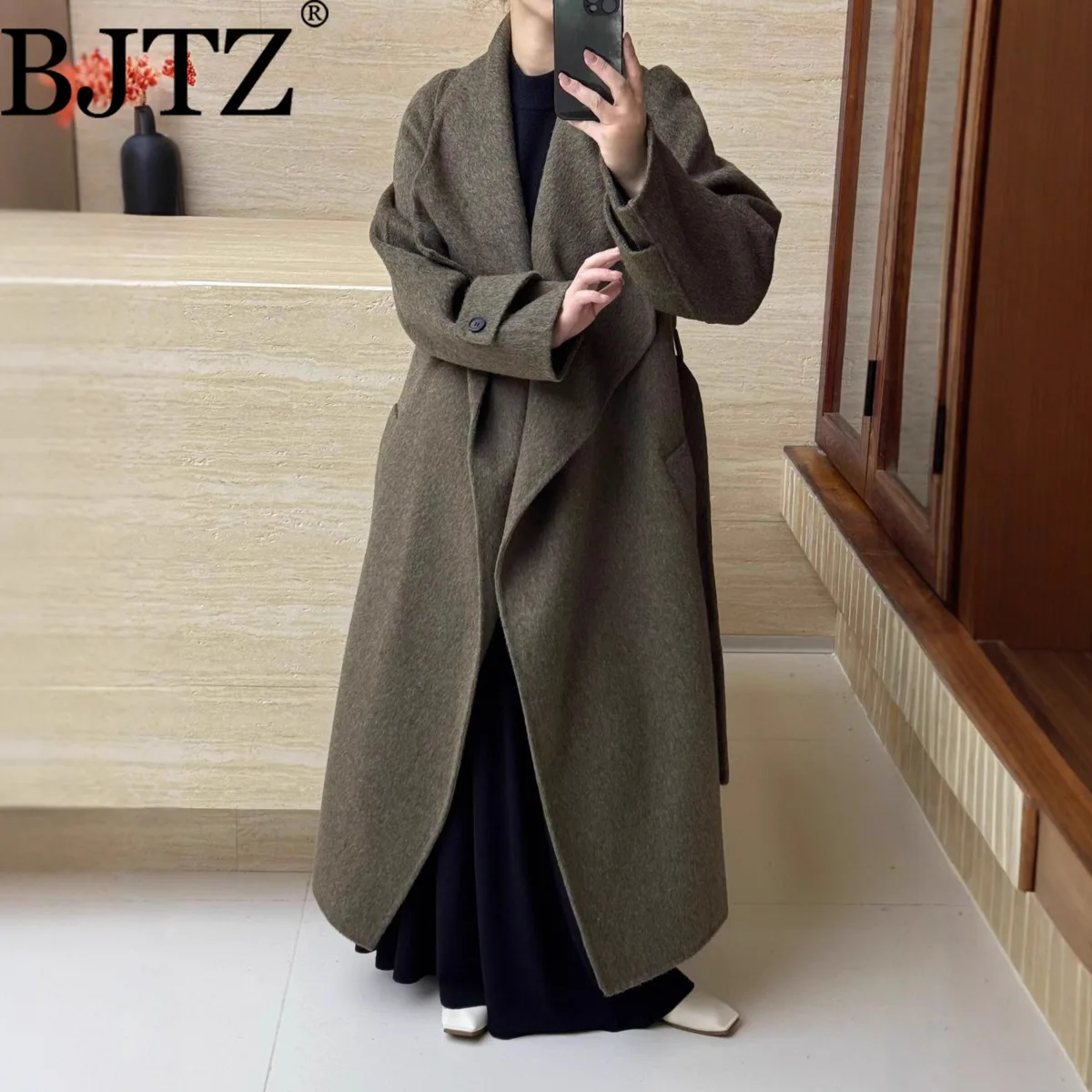 

BJTZ осенний новый дизайн, двустороннее шерстяное пальто с большими лацканами, длинная тонкая двусторонняя шерстяная куртка с воротником-стойкой