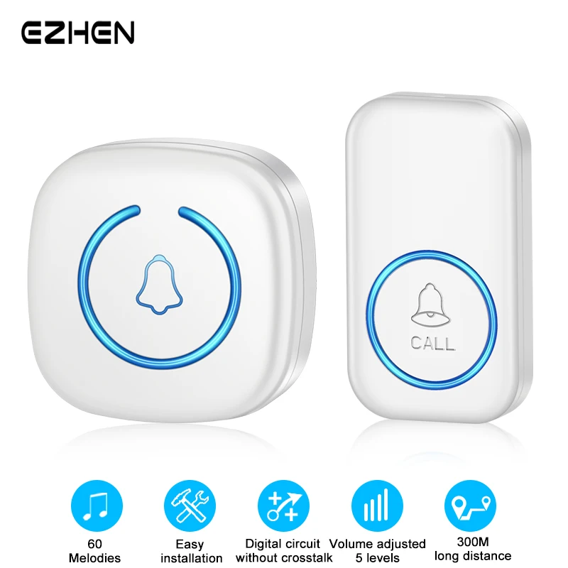 EZHEN Smart Wireless Doorbell Welcome Door Bell 60 song Ringtones Differentiated Doorbell Mute Home Office Call Bell US EU Plug