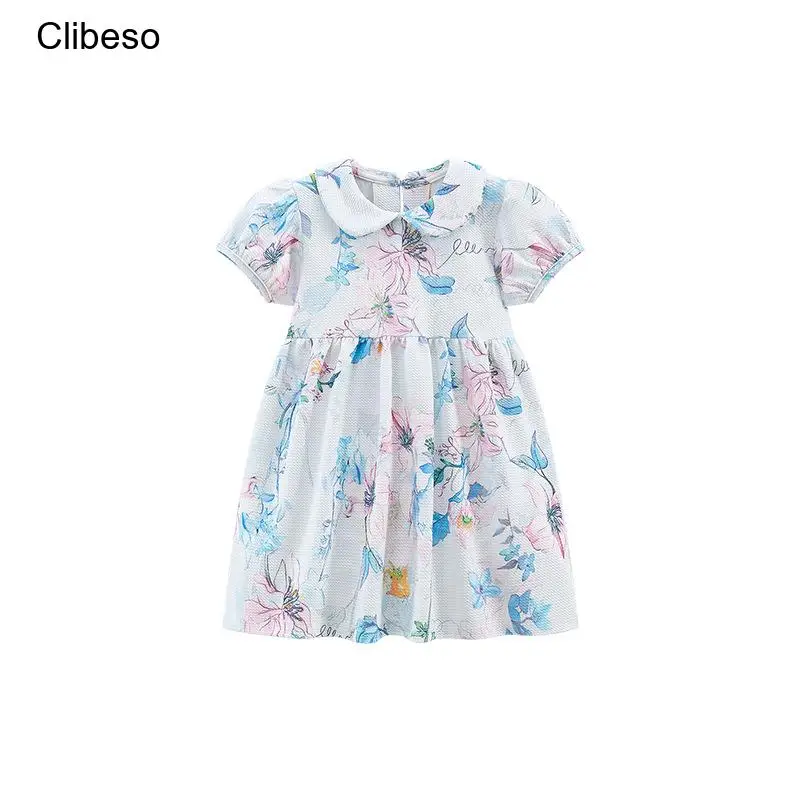 2024 Clibeso Floral Girls Dress Retro Flowers Printing Children Dresses Puff Sleeve Birthday Girl Clothing Elegant Girly Clothes