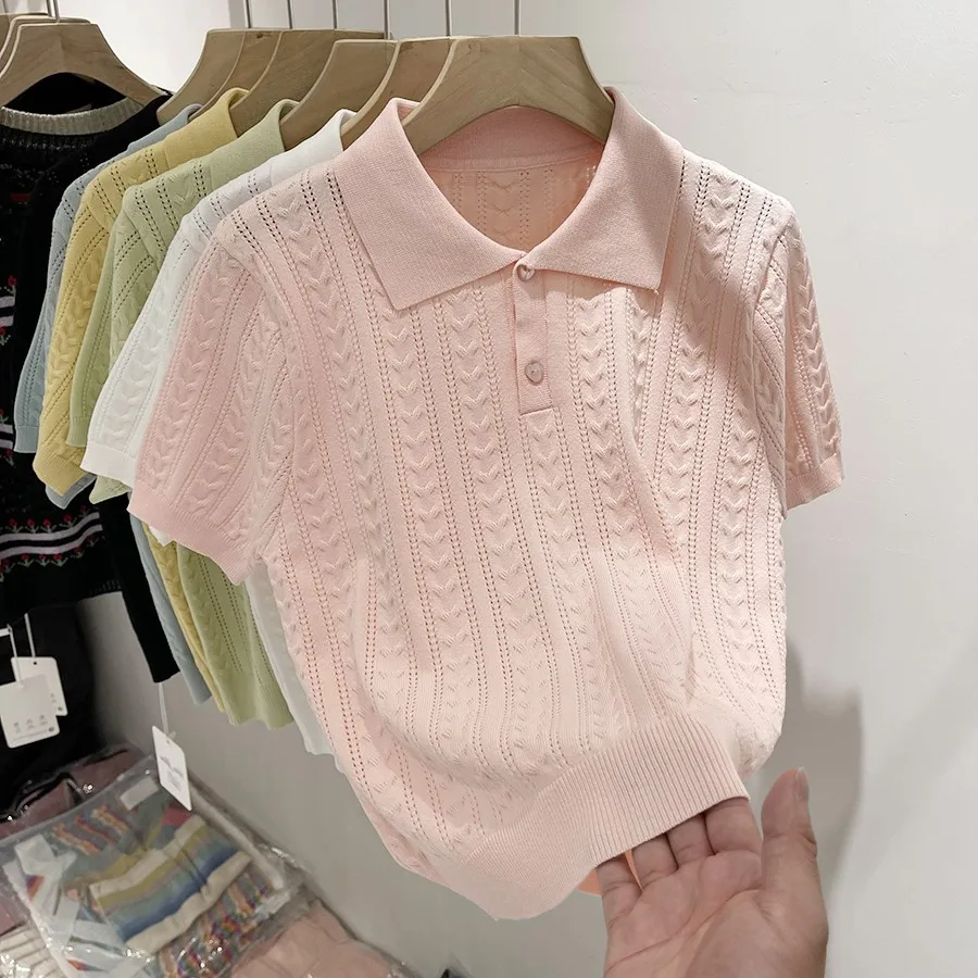 Summer Women Soft Ice Silk Knitted  Collar Short Sleeve Thin Top Sticky Comfortable