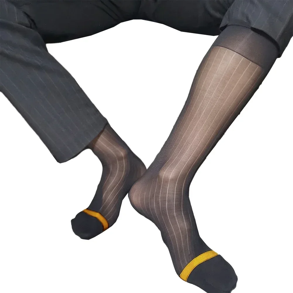 New Men Sexy Nylon Gold Stripes Silky Slim Thin Socks Wear Traceless Transparent Sheer Stockings Business Formal Soft Male Socks