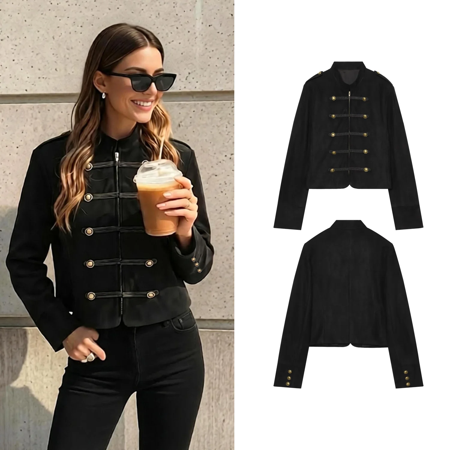Women Stand Suede Jackets Spring Autumn Female Long Sleeve Vintage Coat Lady  Chic Double Breasted Button Zip Up Short Outerwear