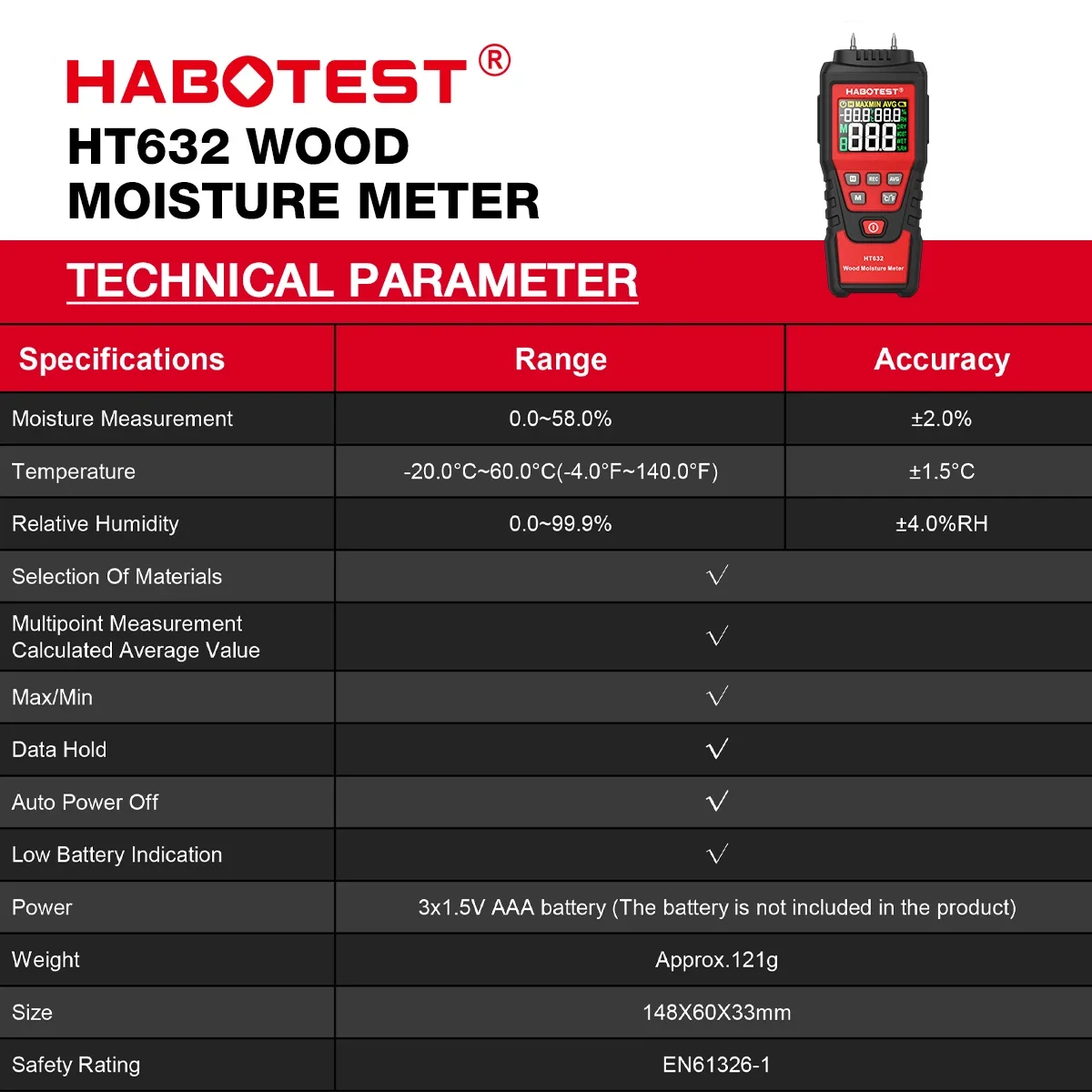 

HABOTEST HT632 Digital Moisture Meter Wood Wall Water Tester Humidity Hygrometer Two Pins for Concrete Cement Brick Detection