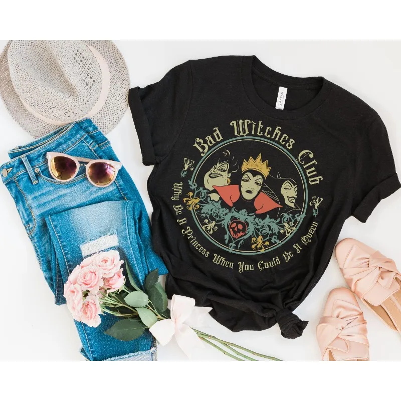 قميص Disney Villains، تي شيرت Retro Bad Witches Club، Ursula Maleficent Evil Queen Vintage Halloween Disney Park Vacation Top