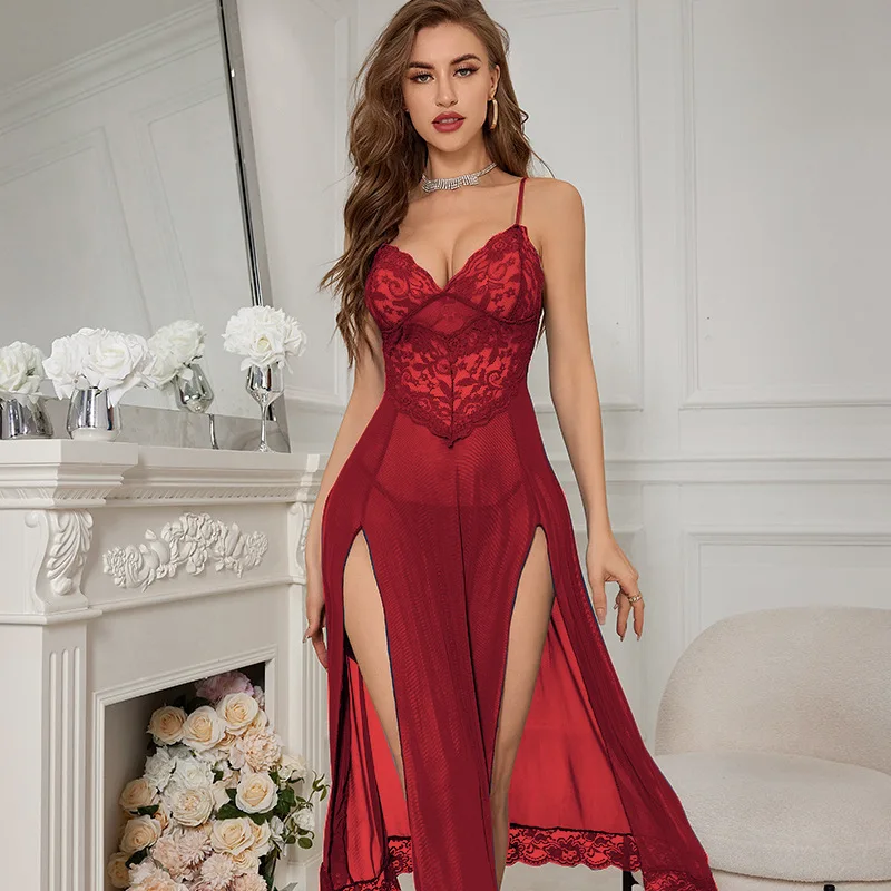 Hot Sale Sexy Women Lingerie Night Dress Spaghetti Strap Sleeping Dress Lace Mesh Split Long Skirt Home Wear Nightgown Sleepwear