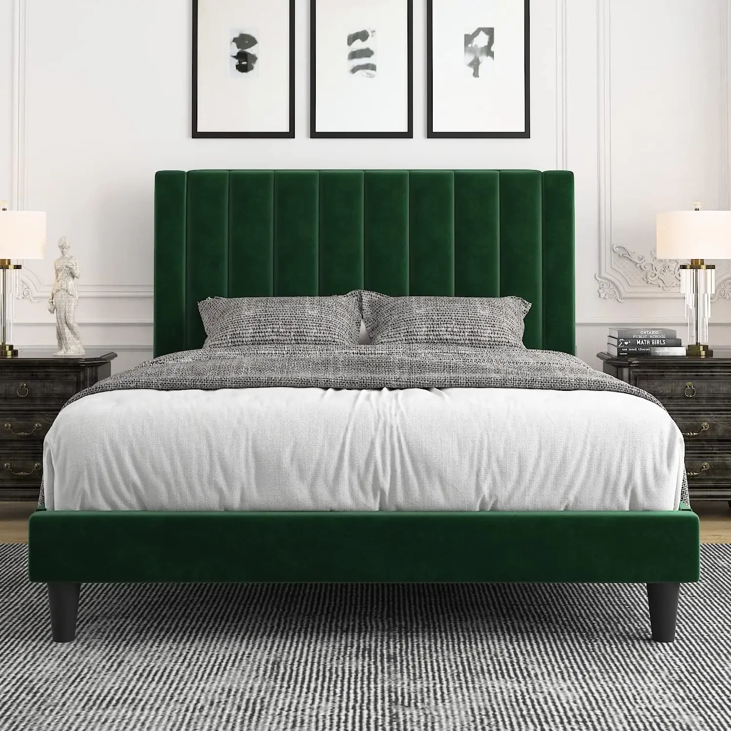 

Queen Bed Frame/Velvet Upholstered Bed Frame with Vertical Channel Tufted Headboard/Strong Wooden Slats/Platform Bed Frame/Mattr