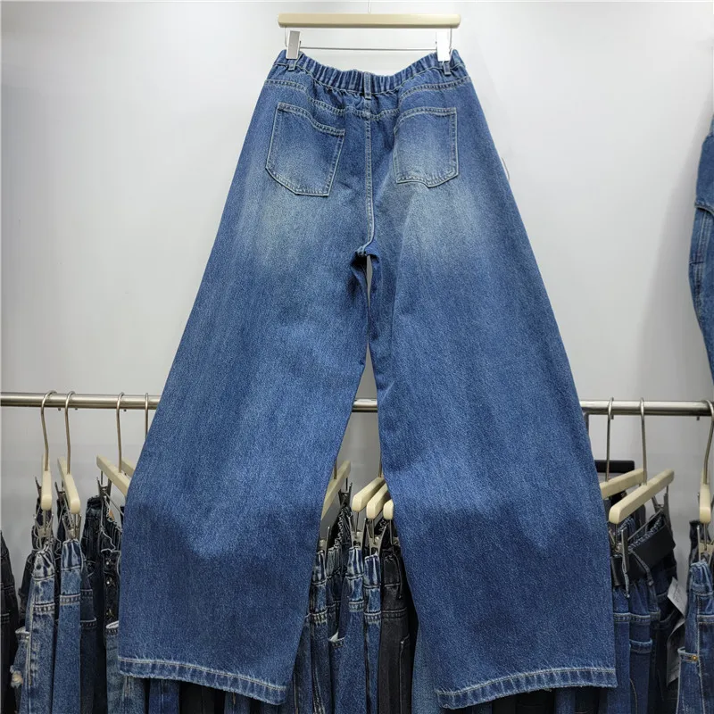 American High Street High Waist Women Denim Pants Gold Button Decoration New Autumn Mopping Floor Wide Leg Straight Casual Jeans
