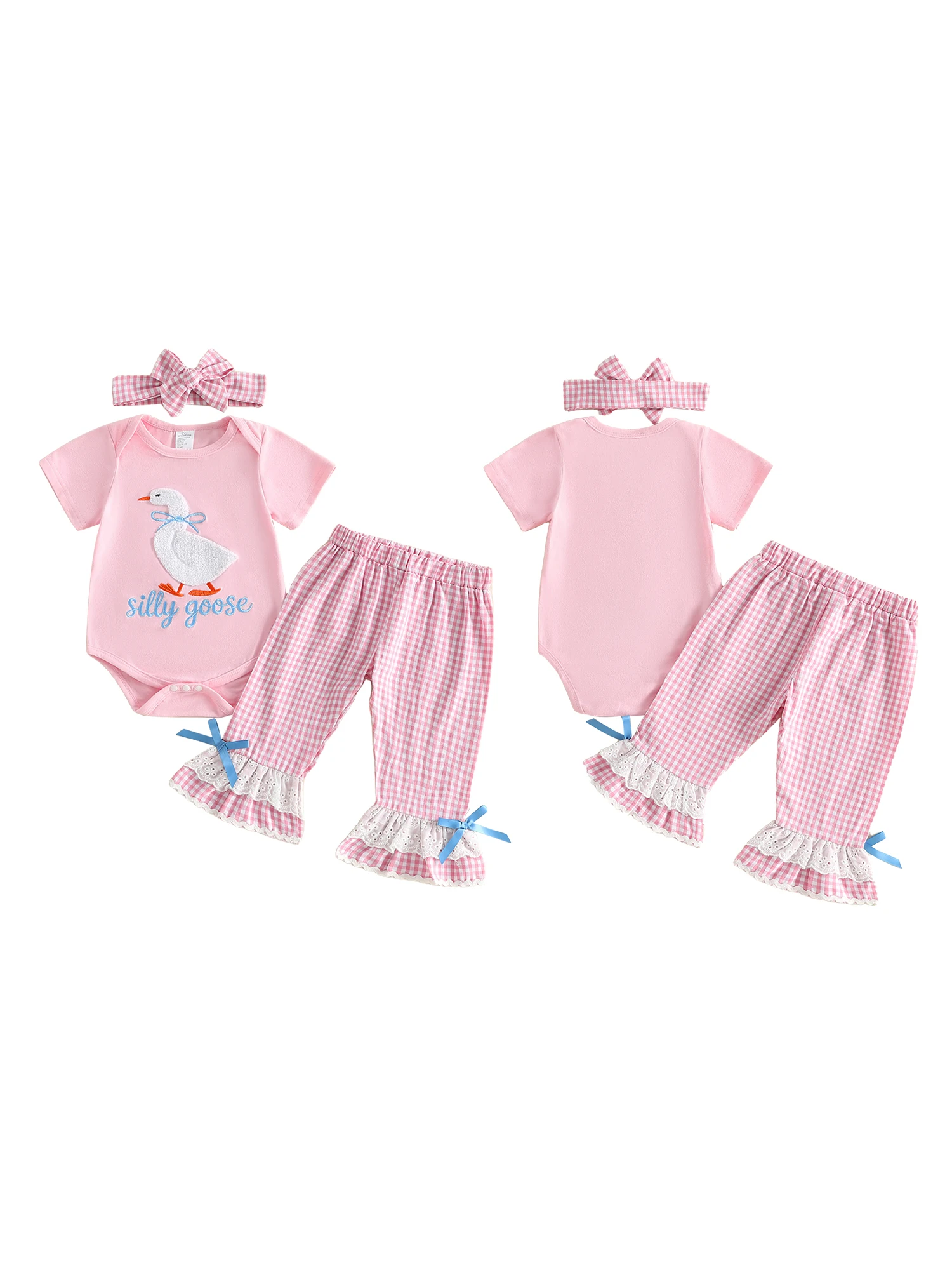

Cute Toddler Girls 3 Piece Set Lovely Bunny Print Short Sleeve Bodysuit and Denim Overalls with Bow Headband Outfit