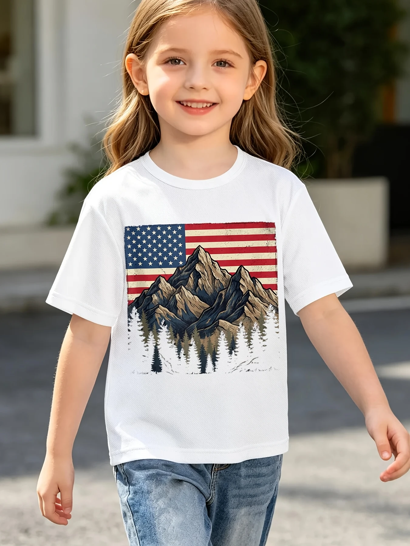 Vintage Us Flag Wilderness Mountain Graphic T Shirt Boys Girls Nature Short Sleeve Tee Family Matching Kids Casual Cotton Tops