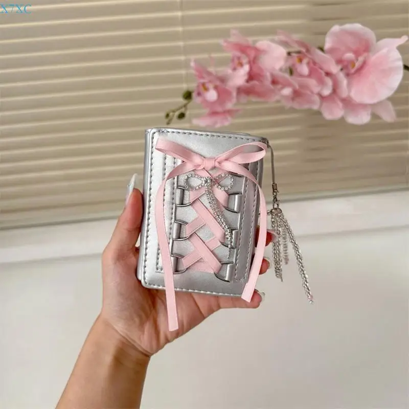 

X7XC Small Wallets Stylish Short Wallet PU Leather Change Purse Silver Card Case