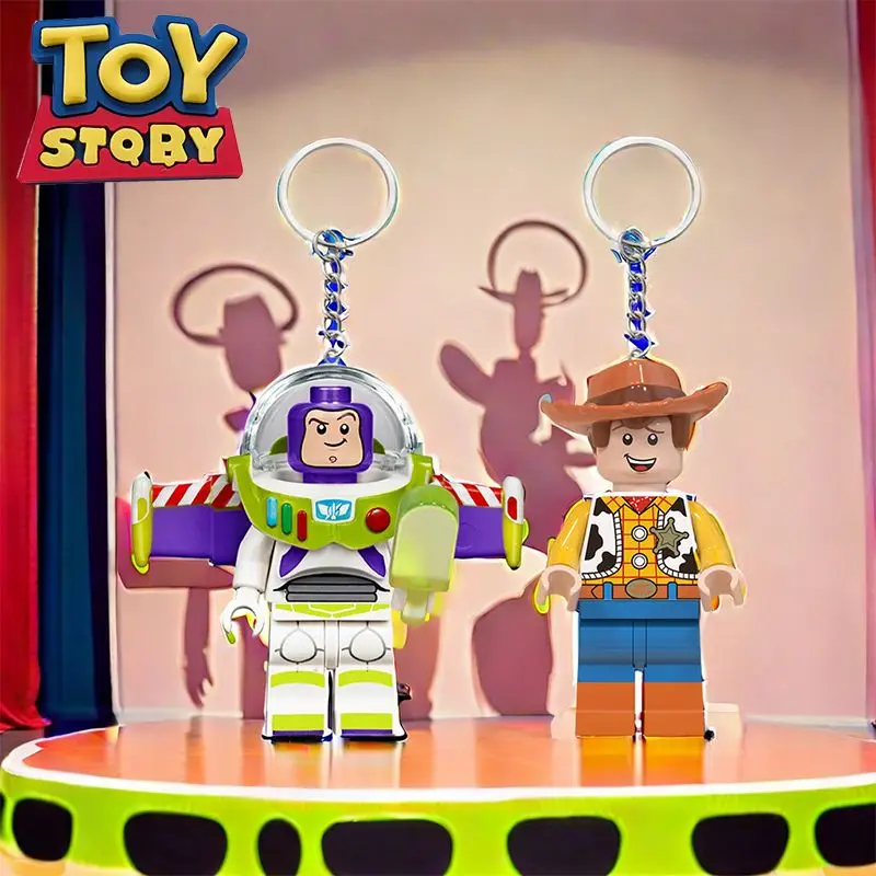 Disney Toy Story cute Buzz Lightyear Building Blocks Creative Keychain Woody Mickey Mouse Donald Duck Cute  Pendant Gift@
